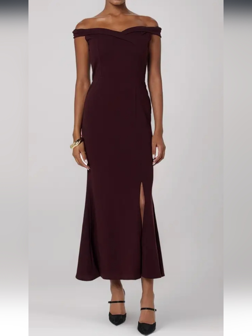 Athena Burgundy Polyester Fit And Flare Off Shoulder Gown XS